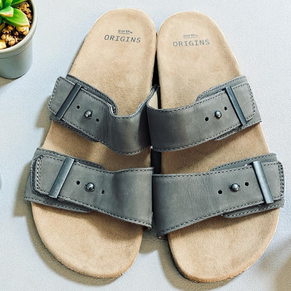 Earth Origins Orra‎ Genuine Leather Velcro Double Band Slide Sandals Color Morel